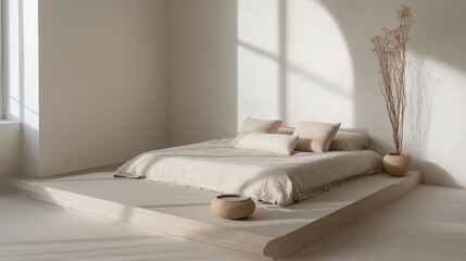 A serene bedroom in a minimalist home with a platform bed, neutral-toned bedding, and minimal decor, showcasing a calm and spacious atmosphere.