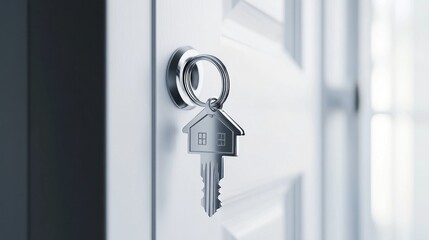 House key on a house shaped silver keyring in the lock of a door