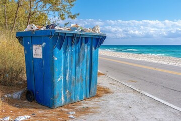 Coastal garbage bin near sandy beach under partly cloudy sky on a sunny day
