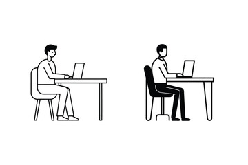 Two Men Working on Laptops at Desk, Simple Line Art