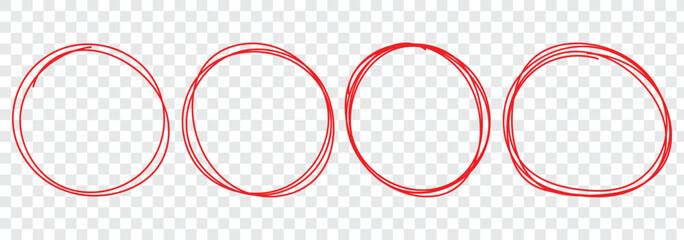 Set of hand drawn doodle red marker round frames. Red pen drawn marks, red circle set, highlight circle. Hand drawn marker doodle line stroke. Handwritten highlight red scribble circle.