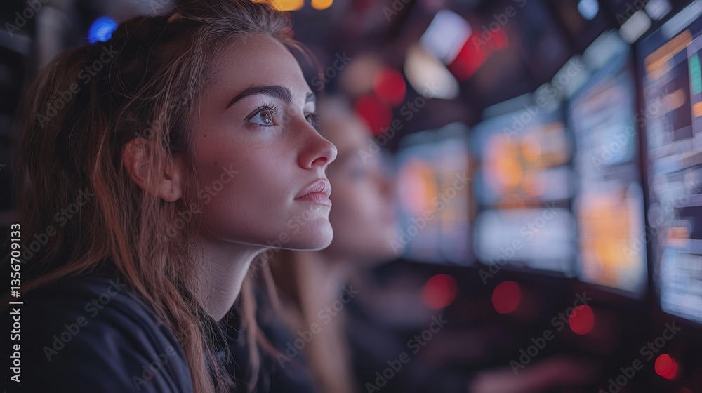 Poster A technician focuses intently on multiple screens displaying vital information during a rocket launch, contributing to aerobraking and recovery efforts.