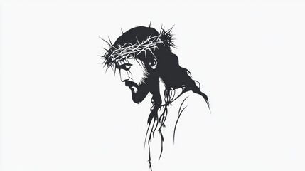 Fototapeta premium Jesus Christ with Crown of Thorns, Black Silhouette Illustration on White Background