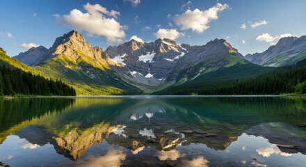 Beautiful mountain lake with snow mountains, summer.