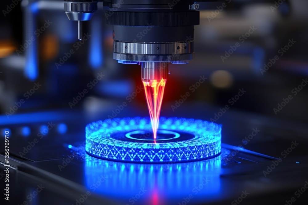 Aufkleber Advanced technology in a laboratory setting showing laser cutting process with vibrant lights and intricate patterns