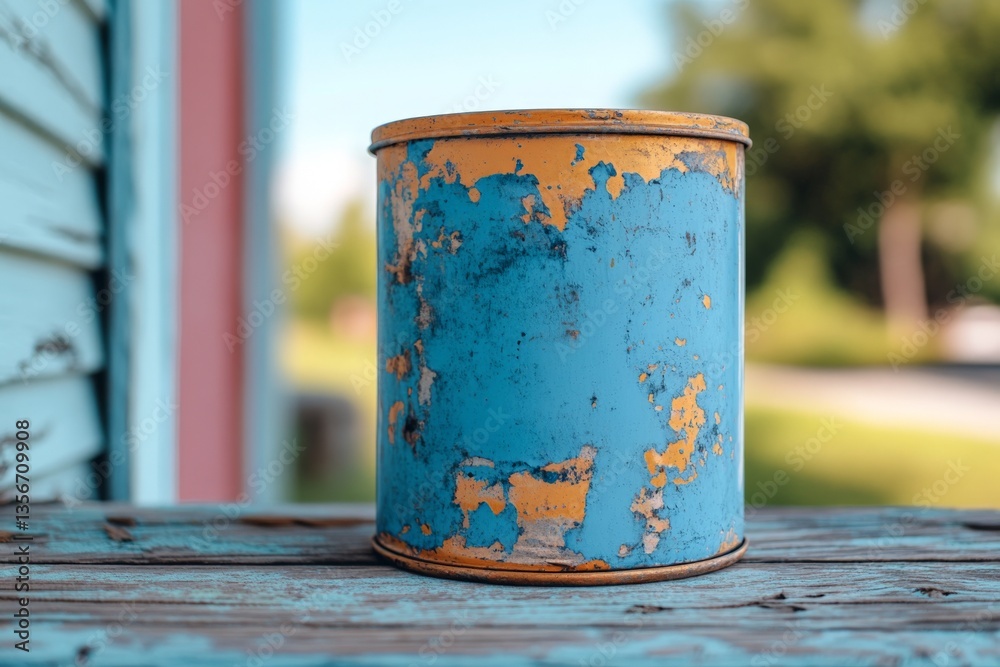 Poster weathered blue paint can resting on a rustic wooden table in a tranquil outdoor setting during dayli