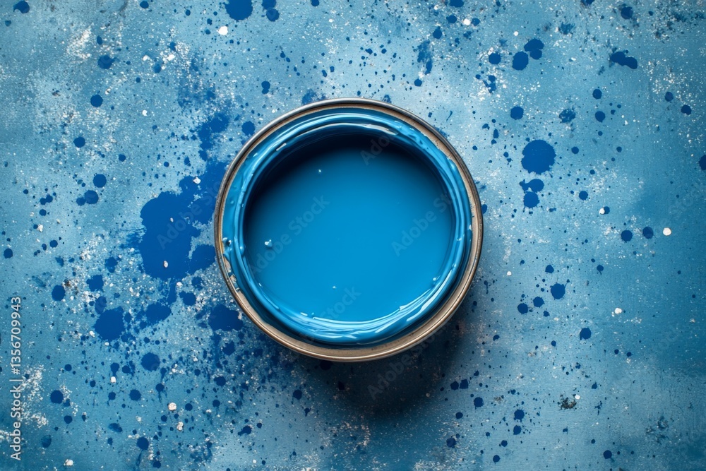 Aufkleber bright blue paint can on textured background with splattered paint in an art workspace