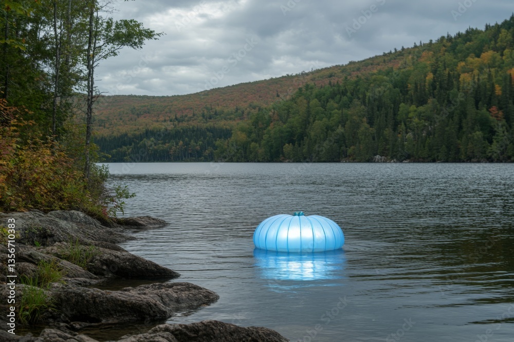 Poster floating luminous orb on serene lake with mountains and lush trees during cloudy evening