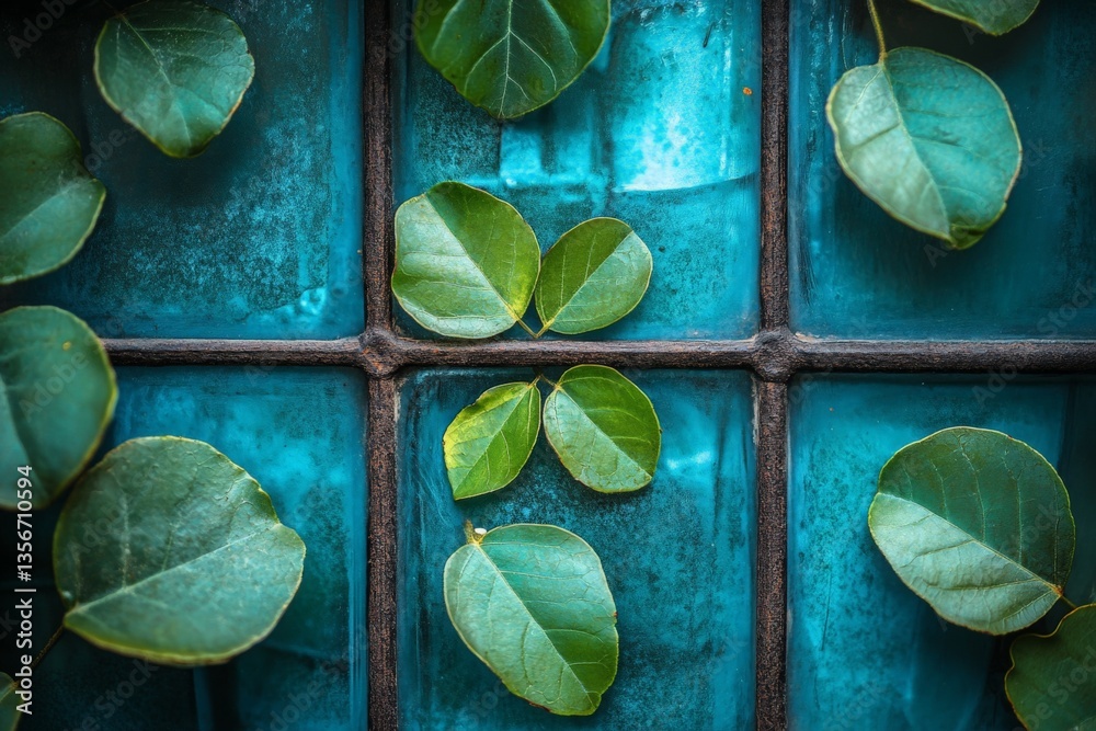 Aufkleber green leaves arranged on textured turquoise background create a calming natural still life display