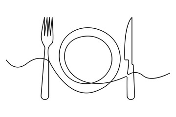 knife and fork continuous one line art drawing of heart hand drawn vector illustration
