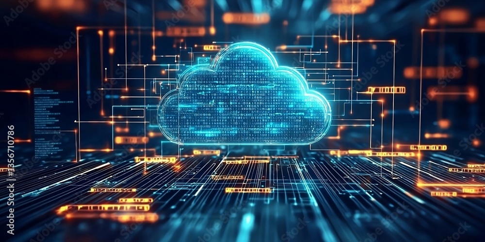 Wall mural digital informational technology web futuristic hologram with cloud icon, blue golden light digits a