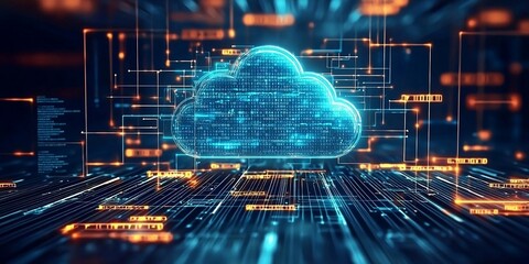 Digital informational technology web futuristic hologram with cloud icon, blue golden light digits and code background, cloud computing. Abstract Motion of digital data flow. Finest generative AI - obrazy, fototapety, plakaty