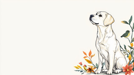 Creamy Yellow Labrador Retriever in Autumnal Floral Watercolor Painting