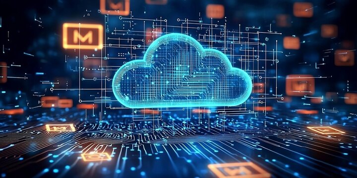 Digital informational technology web futuristic hologram with cloud icon, blue golden light digits and code background, cloud computing. Abstract Motion of digital data flow. AI generative