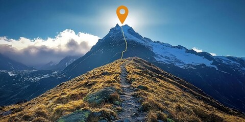 Goal to success for level up with pathway line or step route to mountain peak. Human performance limit concepts. Growth mindset and motivation. Generative AI image