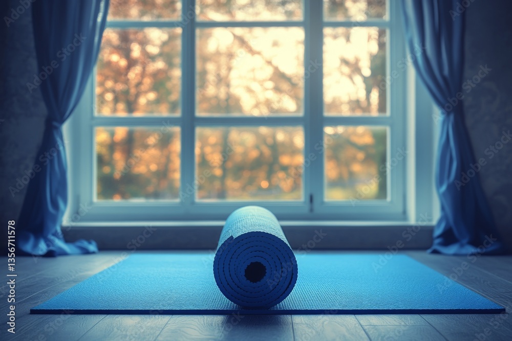 Poster calm indoor yoga setting with a rolled mat placed near a large window during sunset