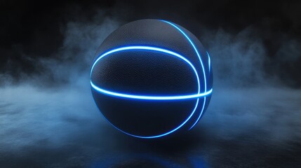 Luminous basketball with neon blue lines on a dark court surrounded by smoke creating a dramatic and futuristic mood for sport