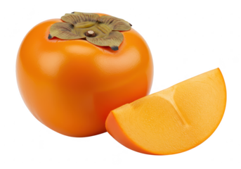 A whole ripe persimmon with slices isolated on transparent background
