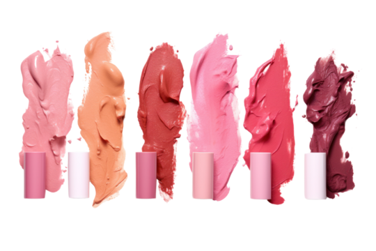 Lipstick smears in different shades spread artfully on a white background, highlighting the pigment quality and finish