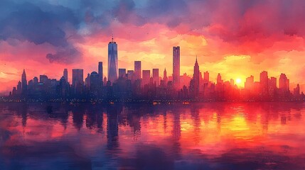 Ethereal Sunrise Over New York City in Vibrant Watercolor Hues