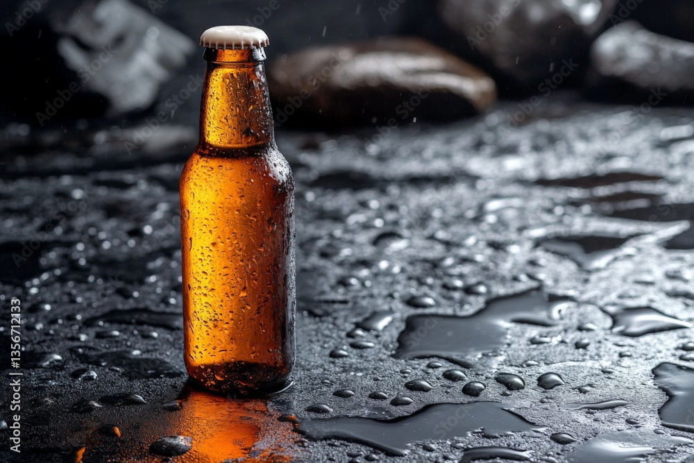 Poster refreshing amber beer bottle on a wet surface surrounded by rocks, capturing a moment of tranquility
