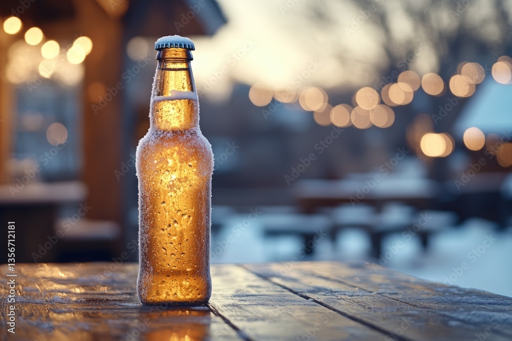 Aufkleber frosty beer bottle on rustic table with glowing background lights during twilight