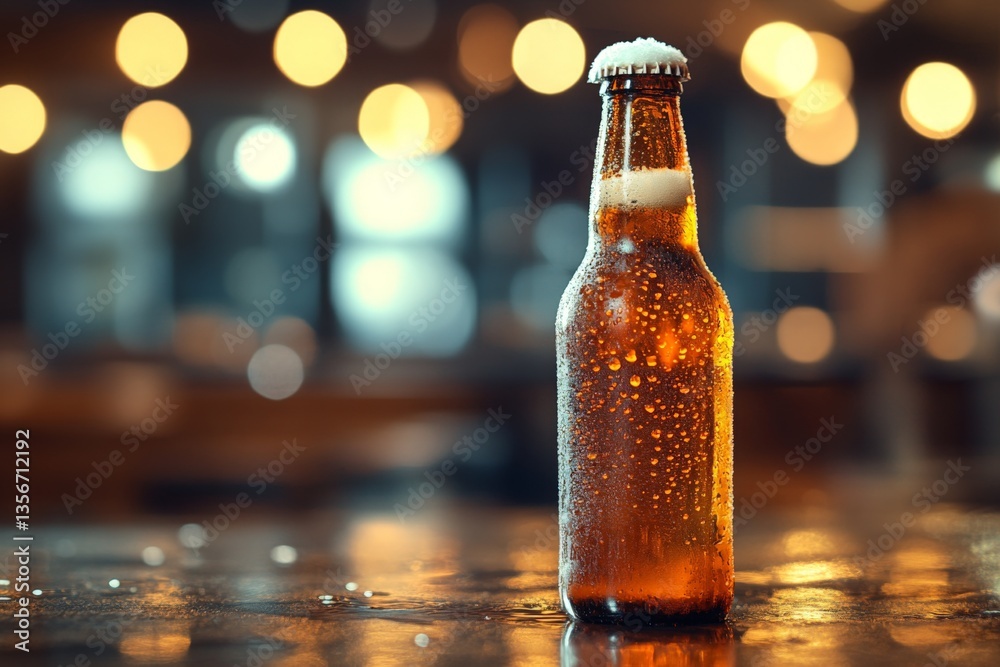 Poster refreshing beverage sitting on a wooden table with condensation at an evening gathering in a lively 