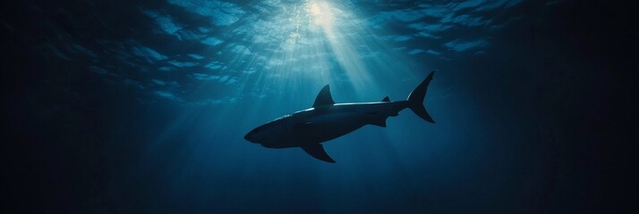 Obraz premium Great white shark swimming in deep blue ocean waters