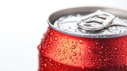Close-up of a cold, red aluminum can with condensation.