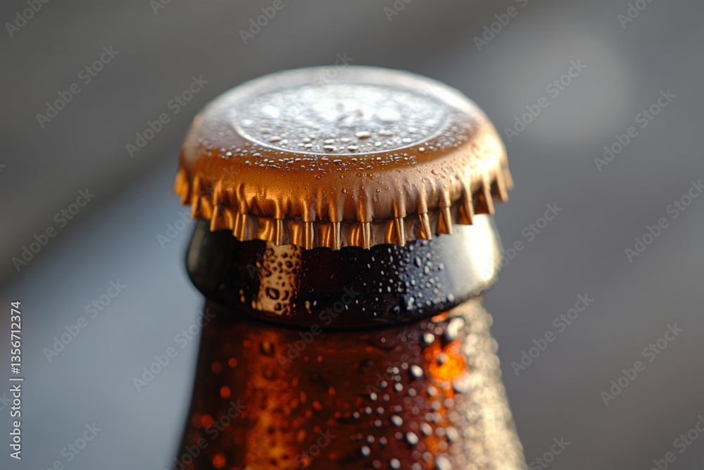 Poster close-up view of a cold beer bottle cap with droplets in natural lighting at an outdoor setting duri