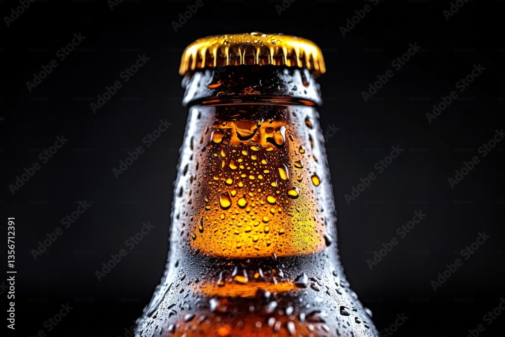 Poster close-up of a cold beer bottle with condensation in a dark setting