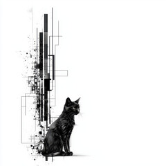 Monochrome Cat with Geometric Abstract Design