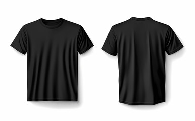 Blank Black T-Shirts: Front and back view of a plain, classic black t-shirt, presented in a realistic, detailed style, perfect for showcasing designs or representing essential apparel.