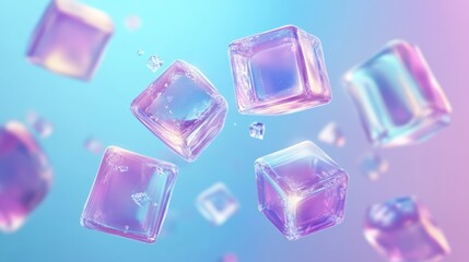 Floating iridescent cubes on pastel background.