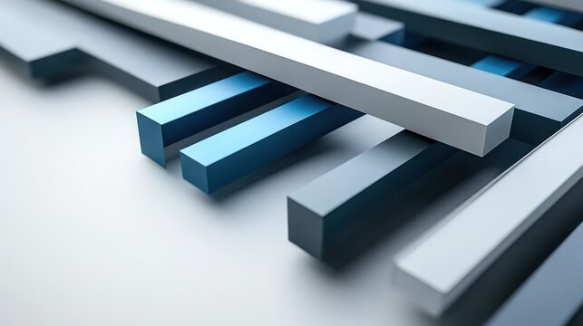 Abstract geometric shapes, blue, grey, white blocks, 3D rendering, modern design, overlapping lines, parallel bars.