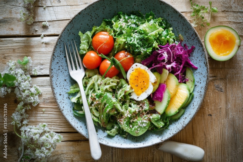 Poster fresh salad bowl with vegetables and egg served on a rustic wooden table