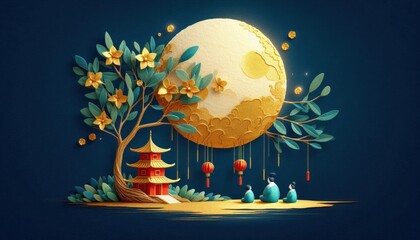 Naklejka premium Chinese family eat mooncake to celebrate mid-autumn festival under a beautiful tree at starry night.