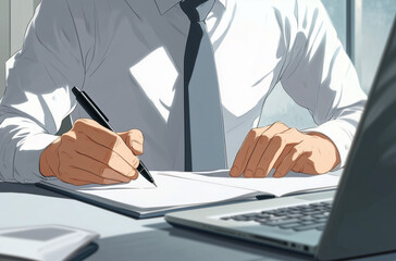 illustration of A man is writing on a blank paper in front of his laptop