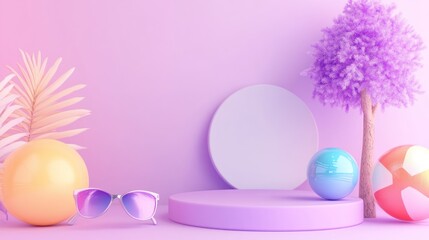 Pastel pink summer scene with product display platform, beach balls, sunglasses, and palm leaves.