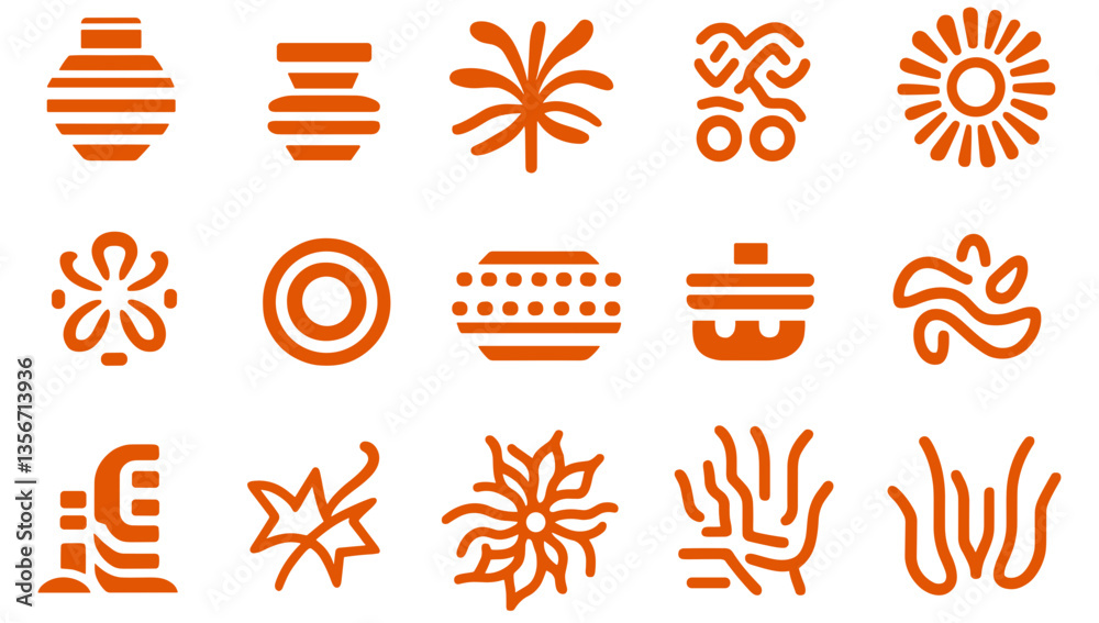Fototapete geometric icon array: an array of stylized orange icons featuring a range of shapes and patterns tha