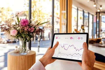 Obraz premium Hands Holding a Tablet Screen with a Financial Graph in a Bright Cafe