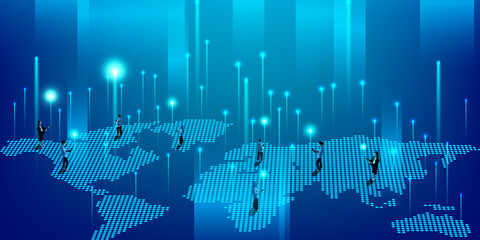 People connected globally across digital world map visualizing innovation, network integration and real-time data flow. Networking, business, modern technologies, digital art concept. 32models collage