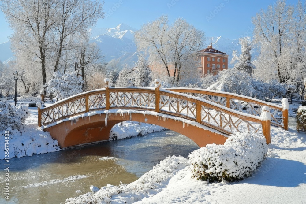 Poster winter landscape featuring a snow-covered bridge in a serene park setting with mountains in the back