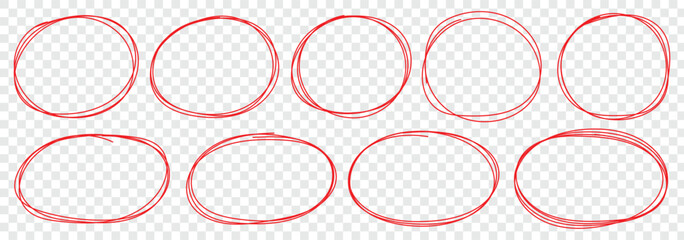 Set of hand drawn doodle red marker round frames. Red pen drawn marks, red circle set, highlight circle. Hand drawn marker doodle line stroke. Handwritten highlight red scribble circle.