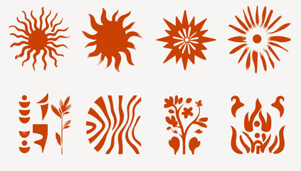 Abstract Design Elements: A collection of artistic and symbolic graphic elements. Featuring abstract suns, intricate shapes, and nature-inspired motifs, all rendered in a minimalist style. 