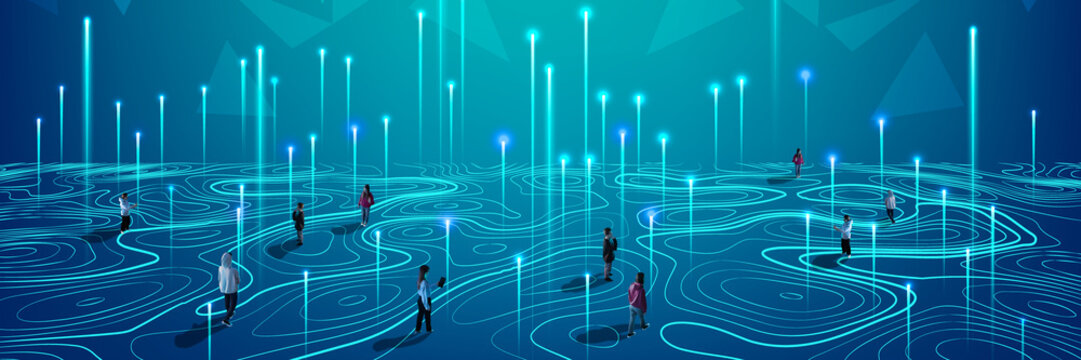 People walking through digital surface of glowing signals illustrating future communication and virtual presence. Concept of networking, innovations, technologies, digital art. Collage with 5 models.