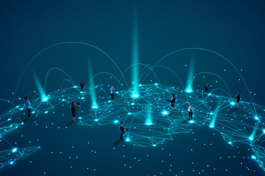 Team of business people across digital globe interacting through interconnected nodes representing data exchange and global business. Networking, advanced technologies concept. Collage with 4 models.