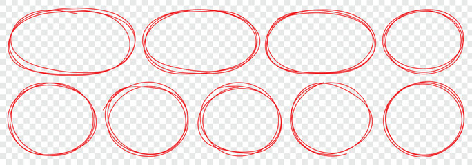 Set of hand drawn red doodle ellipses. Scribble ovals, bubbles to circle and highlight text. Bright red scribble ovals and bubbles to circle and highlight text. Abstract graphic element for note mark.