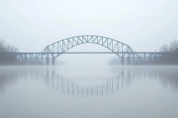 Fototapeta premium Foggy morning view of an arched bridge over a calm river reflecting the tranquility of nature during early hours