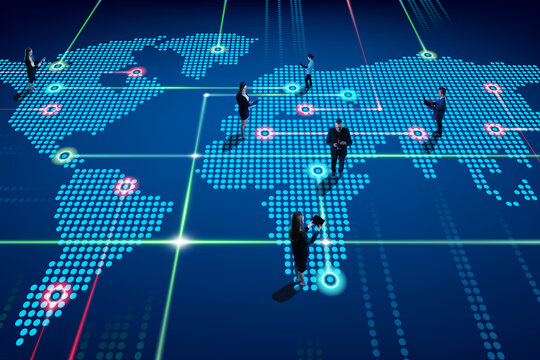 Business users standing on digital map with light nodes representing data points, network traffic and global connectivity. Networking, innovations, advanced technologies concept. Collage with 5 models - Powered by Adobe